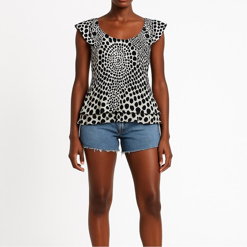 Y2K PIANO Pleated Ruffle Blouse | M | Black White Polka Dot | Retro Maximalist